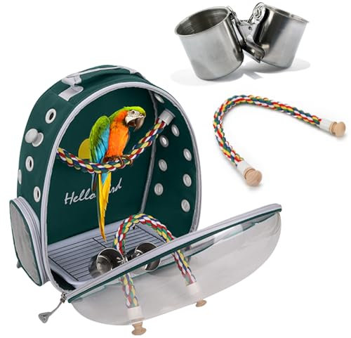 PETCUTE Multifunktionaler Rucksack für Vögel mit Holzstab, Leichte Träger Vogel Transporttasche, Papageien Reiserucksack mit Edelstahl-Tablett und Stehstange, Vogel Transportbox-Grün