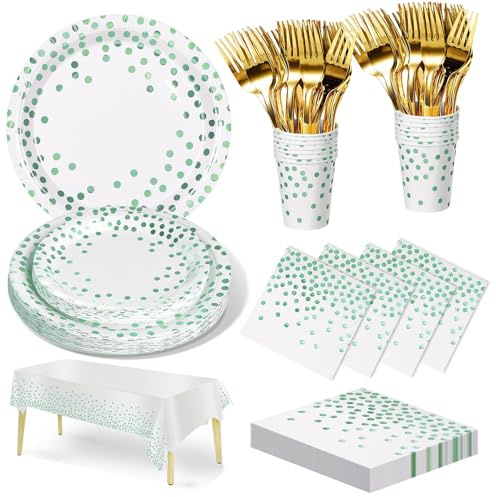 Nkaiso 141 Pcs Vert Point Assiette Anniversaire -20 invités | Vaisselle Party Inclut Assiette Carton, Gobelets, Serviettes, Couverts pour Mariage, Anniversaire, Cérémonie