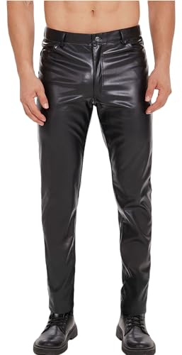 Ausing Latex byxor herr långa konstläderbyxor casual stretch slim fit byxor läder bikerbyxor med fickor wetlook kostym rave party disco kläder klubbkläder, svart, L