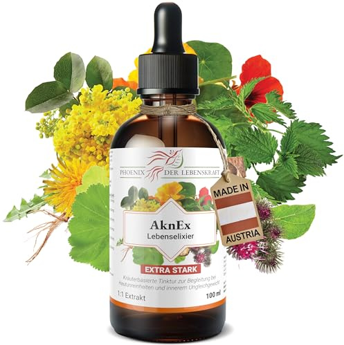 AknEx Kräutertinktur 100 ml – Pflanzliche Unterstützung bei Hautunreinheiten – 1:1 Extrakt mit Klette, Löwenzahn, Mahonie, Brennnessel, Frauenmantel, Kapuzinerkresse – Entgiftung & Balance – vegan