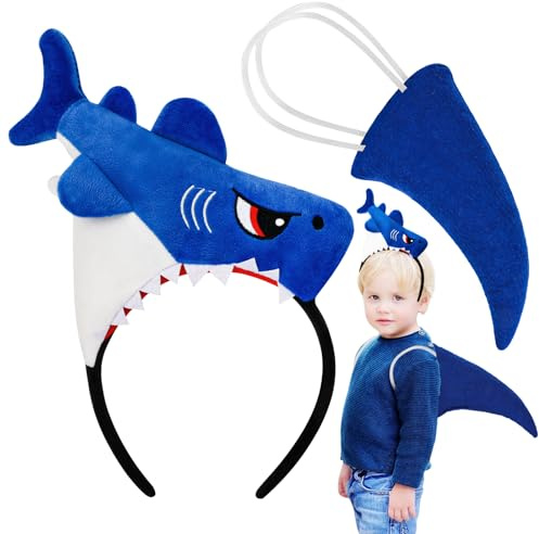 XEPST Haifisch-Stirnband-Kostümset, Plüsch-Stirnband-Set mit Haifischflosse, Fischhut, lustiger Hut für Ozeantierkostüm, Halloween, Cosplay, Geburtstagsfeier, Karneval, Blau