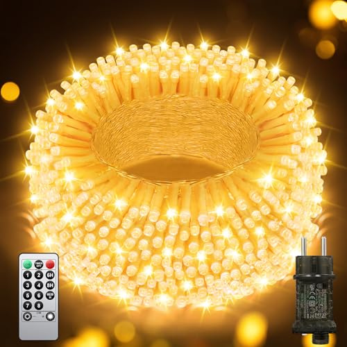 Lichterkette Außen 65M 650 LED, Warmweiß Lichterkette Außen Strom mit Timer Speicherfunktion, Transparente Kabel, Wasserdicht 8 Modi Weihnachtsbeleuchtung für Außen Innen Garten Baum Weihnachten