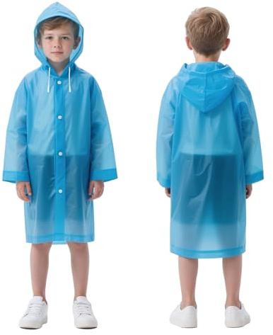 FACHOI Rain Coats for Kids, Waterproof Rain Poncho, EVA Clear Rain Poncho with Hood and Button, Portable Raincoat Rain Resistant Poncho for Camping, Emergency Situations, Travel F4-ETYY (Blue)