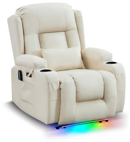 LIFTSHA Relaxsessel mit Liegefunktion für Erwachsene, Fernsehsessel Elektrisch Verstellbar mit Heizung & Vibrierende Massage, TV Sessel Heimkinositze mit LED-Umgebungslicht (1, Weiß)