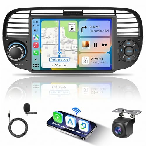 Motorsi 2+64G Carplay Autoradio per Fiat 500 2007-2015 con Wireless Android Auto, 7 Bluetooth Car Stereo Schermo con ASP/GPS Navigation/WiFi/FM/RDS/SWC/USB/Mirror Link/Canbus+AHD Telecamera