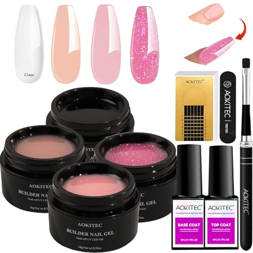 Aokitec Builder Gelnagelset – 4 färger byggnadsgel klar glitter nude rosa stärkande hårdgel med pensel, 100 nagelformer, bas top coat för reparation och fransk manikyr, present för nageldesign