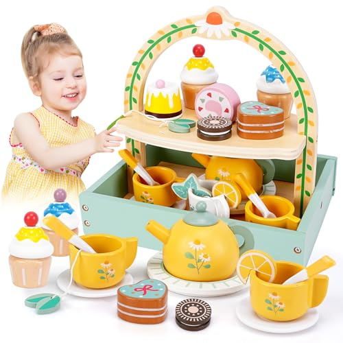 BBWELL Set da tè di Legno per Bambini,Set da tè per Bambini,Set da tè Giocattoli in Legno,Giocattoli Montessori di Ruolo,Regalo Natale Compleanno Pasqua per Ragazzi E Ragazze 3 4 5 6 Anni