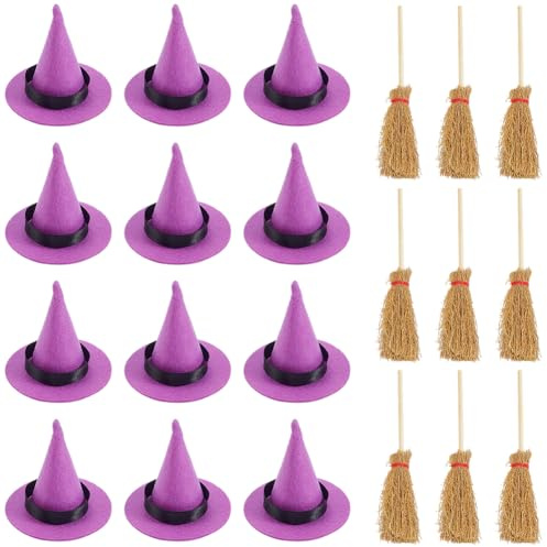 craspire 24 Stück Mini Hexenhüte Lila Filz Kleine Hexenbesen Besenstiel Halloween Dekoration Polyester Für Miniaturen Zauberer Puppenhaus Karneval Partygeschenke Geburtstag Hochzeit DIY Bastelzubehör