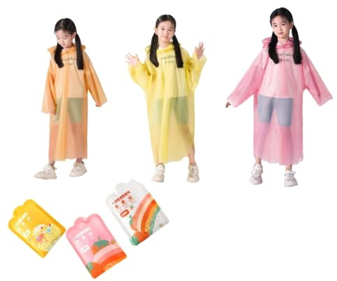 ISABELLA MOON 3 Pack Rain Ponchos for Kids Reusable disposal Thickened EVA Travel Raincoat Jacket with Hoods and Sleeves,Lightweight Capes Ponchos for kids Outdoor Camping Travel (Set01 3pcs)