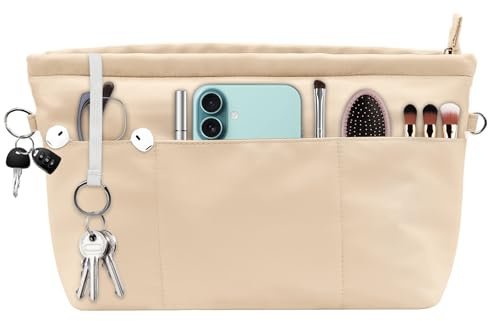 Zyluniy Organizador Bolsos de Mujer, Organizador Interior con 13 Bolsillos y Cremallera, Organizador De Bolsos Con Llavero De Nylon con Llavero para Cosméticos, Móvil, Cartera, Beige, L