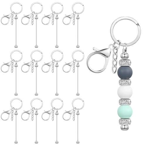 12 Stück Perlen Schlüsselanhänger Selber Machen, Schlüsselanhänger Basteln, Metall Rohlinge Streifen, Blanko Schlüssel Anhänger Basteln Set, für DIY-Bastelarbeiten Anhänger Charms Schmuckherstellung