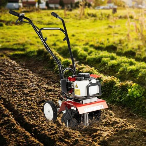 MEHOOSPVN 52cc 2-Takt Benzin Motorhacke, Gartenfräse Motorhacke Benzin 1.7kw 6500-7000rpm Bodenfräse mit Verbreiterter Kotflügel Pflug 30cm Arbeitsbreite, 12cm Arbeitstiefe für Bauernhöfe Parks Gärten