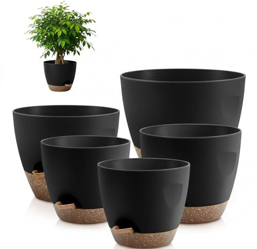 SimingZric Self Watering Plant Pots Indoor – Set of 5 Plastic Flower Pots with Saucers & Drainage Holes, 12.7/14/15.2/16.5/17.8 cm Plant Pots with Saucer for Windowsill, Garden & Outdoor Decor, Black