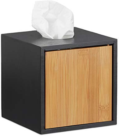 Relaxdays Kosmetiktücherbox schwarz, Taschentuchbox quadratisch, Kosmetikbox Bambus, HxBxT: 14,5 x 14,5 x 14,5 cm, black
