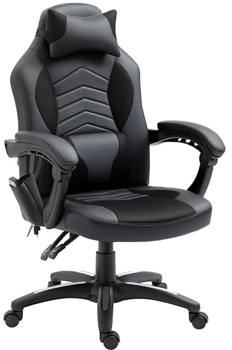 HOMCOM Bürostuhl Massagefunktion Ergonomisch Schwarz 68 x 69 x 108-117 cm | Massagesessel, 6 Vibrationspunkte, Gaming Stuhl, Wärmefunktion, Kunstleder