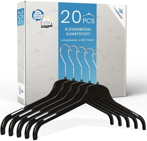 RSR Hangers Kleiderbügel TU 38 cm - 20 Stück - aus Kunststoff - 360° drehbarer Haken - platzsparend - Hemdenbügel - Blusenbügel - Mäntel - Schwarz - Schneller Versand - Made in Germany
