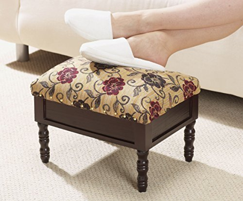 Blommigt tyg fotpall med förvaringsfack och vadderat lock – stoppad ottoman för vardagsrumskomfort och organisation med mörkt trä klassisk finish