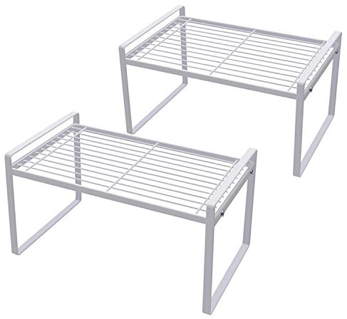 Shantton 2 Pack Kitchen Cabinet Shelf Counter Organizer Rack Pantry Storage Bathroom Bedroom Office Table Desk Space Saving Steel Frame Stackable Rust Resistant Non Slip White