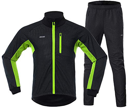 GITVIENAR Fahrrad Trikot Set Winter, Radjacke +Lange Radhose Wasserdicht Winddicht Atmungsaktiv Reflektierend Warm Fleece Fahrradbekleidung Set Radtrikot Herren Damen (Grün, XL)