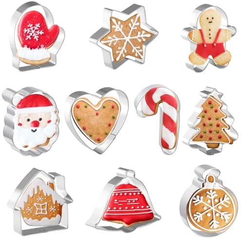 JOB JOL Christmas Cookie Cutters 10 PCS, 3'' to 3.5'', Santa Face, Gingerbread Man, House, Christmas Tree, Bell, Mitten
