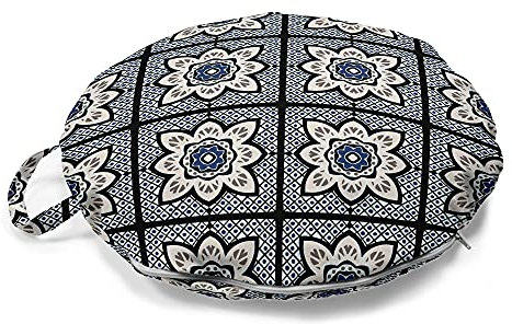 ABAKUHAUS marokkanisch Rundes Bodenkissen mit Griff, Floral Oriental Damast, dekoratives Kissen für Wohnzimmer & Schlafsäle, 45 cm, Eischale Nachtblau