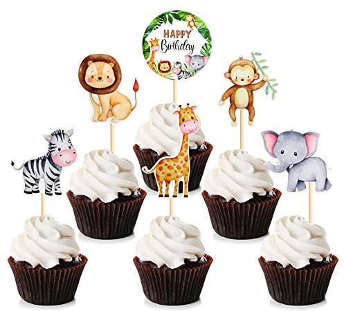 24 Stück Jungle Safari Animal Cupcake Toppers Happy Birthday Cake Decor für Kinder Wild Jungle Animal Theme Birthday Party Supplies Feiern Party Events Baby Shower