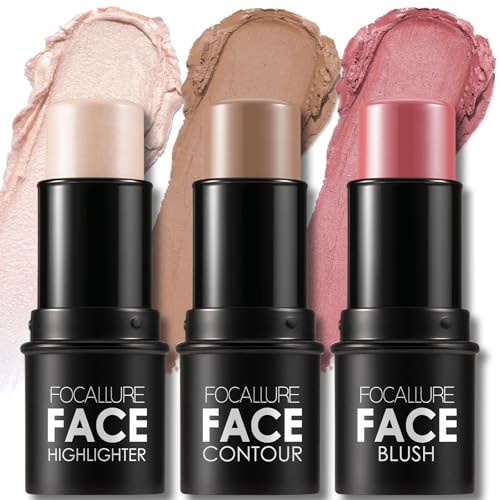 FOCALLURE 3 Pcs Cream Contour Sticks,Shades with Highlighter & Bronzer & Blush,Non-greasy Long-wear Face Contouring Pen,Easy to Sculpt the Face and Create a Lightweight Finishing Makeup,LIGHT-MEDIUM