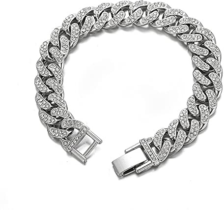 FuninCrea Titanium Steel Cuban Link Bracelet for Men Women, 13mm Retro Vintage Hip Hop Bracelet Silver High Polished Cubic Zirconia Bracelet Miami Cuban Link Chain (21 cm)