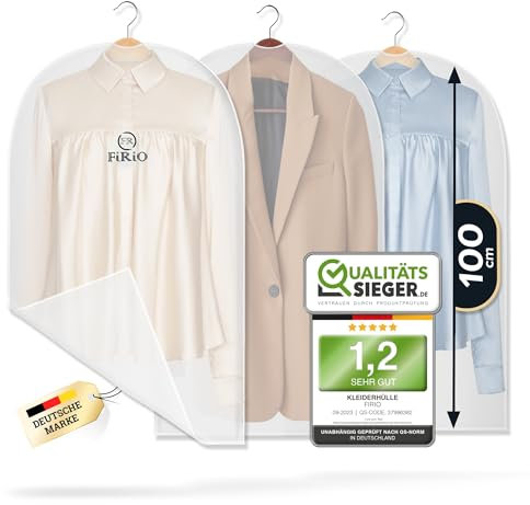 FiRiO® 3 x Kleidersack Anzug Schutzhülle [50% Dicker] - Kleiderbeutel Mottensicher - Durchsichtige Kleidersäcke mit Reißverschluss - Kleiderschutzhüllen Transparent - Kleiderhülle Kurz 100x60cm