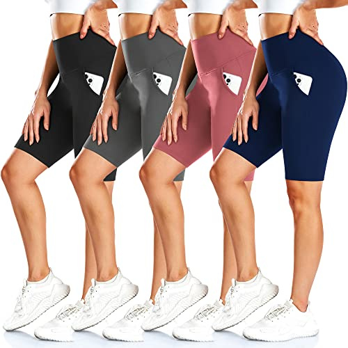 FULLSOFT 4 Pack Biker Shorts for Women – 8 High Waist Tummy Control Workout Yoga Running Compression Exercise Shorts with Pockets(4 Pack Black/Navy Blue/Grey/Pink,Large-X-Large)