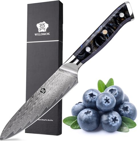 WILDMOK Couteau de cuisine, couteau de cuisine 12,9 cm en acier Damas Japon VG-10, couteau de chef de cuisine tranchant, manche ergonomique en résine colorée, coffret cadeau luxueux