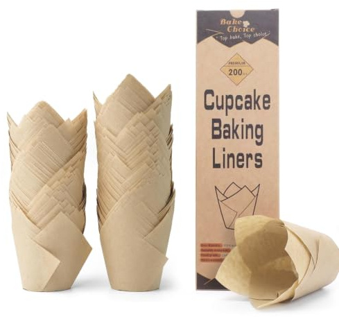 Bake Choice Moldes Magdalenas Papel,200pcs para Cupcakes de Tulipán,Natural & Sin Blanquear,Papel Nórdico de 75 g/m²,más Grueso y Resistente al Aceite,adecuado para Fiestas & Navidad & Repostería