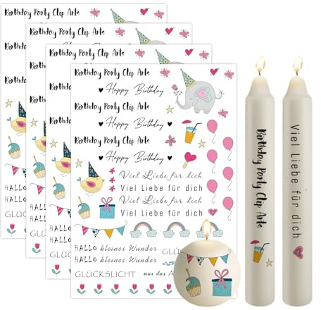 Bolosa 4 Stück Kerzentattoos Geburtstag A5, Wasserschiebefolie Kerzen, Kerzenfolie Happy Birthday, Kerzen Tattoo für Kerze Tasse DIY Geschenk, Kerzen Dekorieren, Kerzensprüche (19x14cm A)