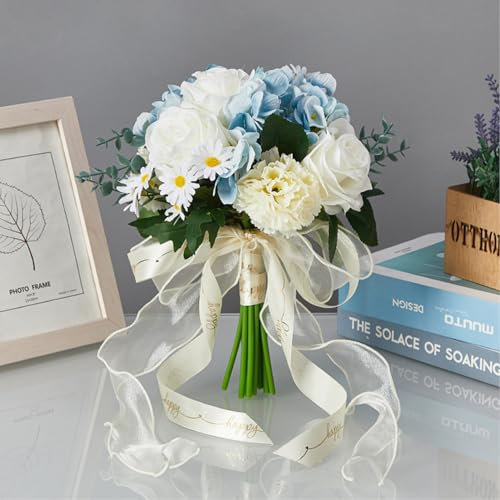 DADAEA Hochzeitssträuße für die Braut, Frischer und Eleganter Künstlicher Hochzeitsstrauß, Sorgfältig Gestalteter Rosenstrauß, Jubiläumsdekoration, Blaue und Weiße Rosen, Künstliche Blumen