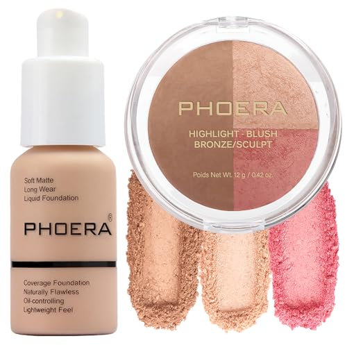 PHOERA Foundation, PHOERA Contour Palette, Farbtöne mit Highlighter, Bronzer und Rouge, PHOERA Makeup (103+ #002 Contour/Warm peach+#002)