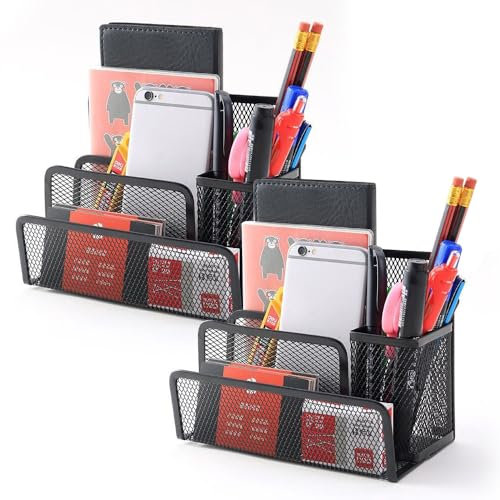 SPEACOUR 2 Stück Schreibtisch Organizer Desktop Aktenordner Briefablage Desk Dokumenten Organizer Metallgeflecht mit 3 Fächer Stifthalter Dokumentenhalter Briefhalter für Briefe Postkarten Broschüren