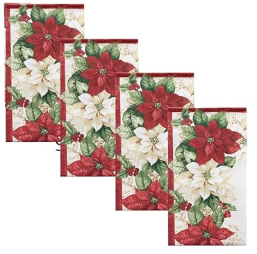 Newbridge Christmas Presley Red and White Poinsettia Double Bordered Set of 4 Fabric Napkins, Holiday Cottage Floral Border Print Napkins for Dining Party