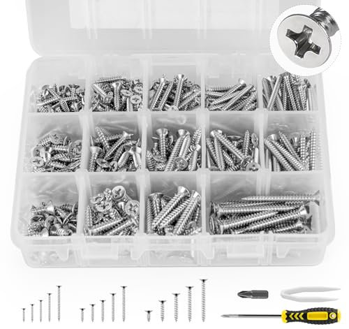 ​Schrauben Set​, 400 Stück ​Edelstahlschrauben​ M3/M3.5/M4 Bohrschrauben Selbstbohrende Flachkopf Kreuzkopf Blechschrauben Schrauben Set für Bürogeräte, DIY-Projekte, Holzmöbel