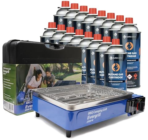 Eurocatch Butangas Camping Grill Evergrill - Inkl. 16 Gaskassetter - Gasgrill - Campingkök - Bordsgrill - Bordsbarbecue - Nödpaket