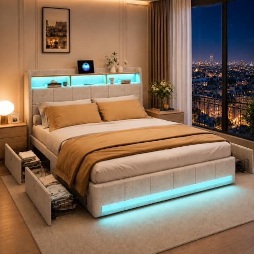 Lit 160x200 avec sommier éclairage LED et Charge USB, Lit Double rembourré avec 4 tiroirs et tête de lit de Rangement,en Lin, Lits 2 Personnes pour Adultes et Adolescents (Beige, 160 x 200 cm)