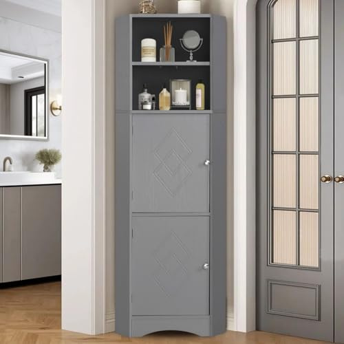 KOMHTOM Meuble d'angle Colonne de Rangement Salle de Bain avec 2 Portes et 2 étagères Ouvertes, Meuble de Rangement pour Salon Chambre à Coucher Salle de Bain