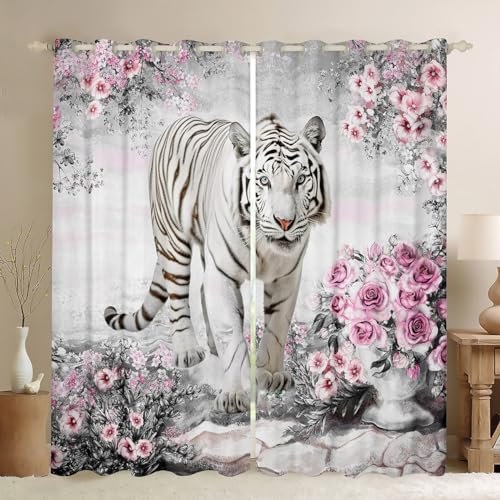 White Tiger Curtains for Windows,Pink Rose Flower Curtains for Living Room Bedroom Decor,Western African Wildlife Animal Blackout Drapes 2 Panel Sets,46x54L
