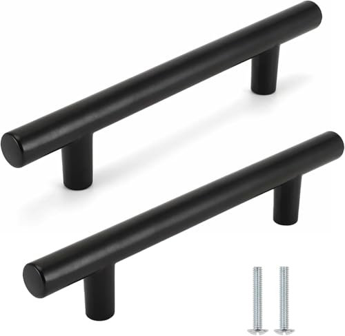 BRDTKUGV 2 Pack Black T Bar Cabinet Handles - Matte Metal Stainless Steel Handles for Kitchen Cupboards, Wardrobe (96mm Hole Centre)