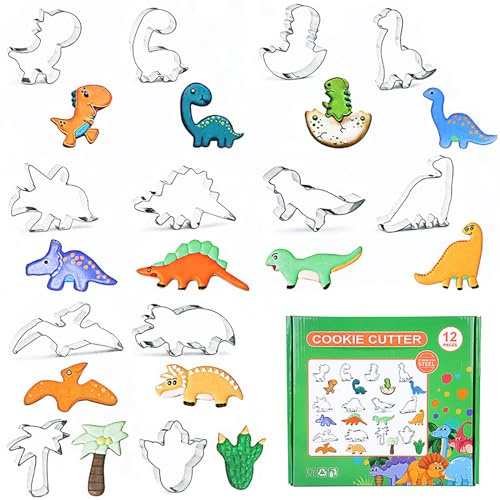 Elegauit Moldes para Galletas, Forma de Dinosaurio 12 Piezas Cortadores de Galletas de Acero Inoxidable para Hornear, Galletas Caseras, Masa, Cocina, Fiesta