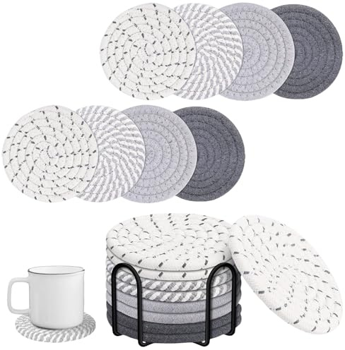 elook Drink Coasters Set of 8 - Cup Coasters with Holder, Reusable Dining Table Setting Round Placemats, Handmade Braided Fabric Coasters for Various Cups, Tables & Home Decor - 4.3 '' (Black)