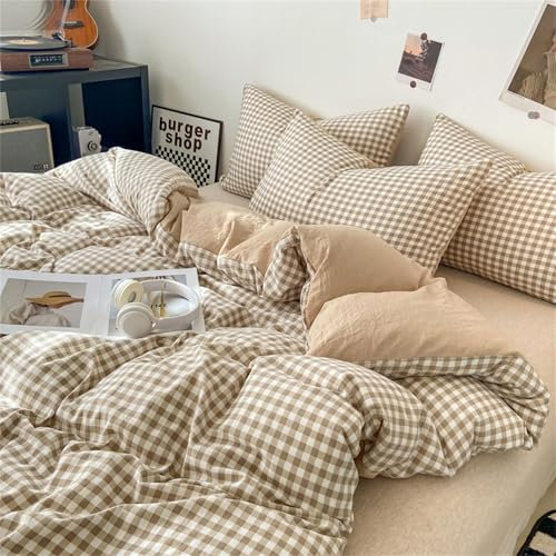 Covebett Housse de Couette 140x200 à Carreaux Vichy Beige et Marron Parure de Lit Adulte 1 Personne Housse Couette en Microfibre Linge de lit avec Fermeture Éclair et 1 Taies d'oreiller 65x65cm