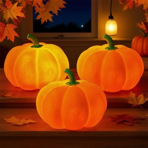 Sunshine smile Herbstdeko Kürbis Laternen,3 Stück Herbstdeko Kürbis mit LED Licht,Halloween Deko Lichter,Leuchtende Halloween Kürbislaterne Deko für Drinnen und Draußen Kleine Dekorationen