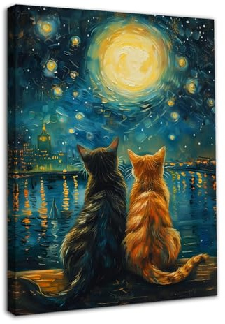 Dazzlewall Encadré Nuit Étoilée Avec des Chats Affiche D’Art Mural, Impression de Peinture À L’Huile de Chat Vintage pour Chambre À Coucher Salon Décor 12x16 in