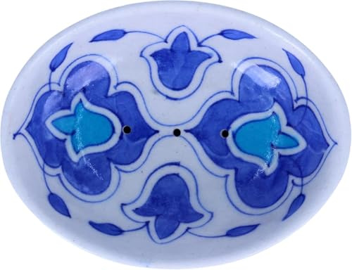 THE Unltd India Blue Pottery Ceramic Soap Dish – Hand-Painted Bathroom Accessory with Drain Holes, Artisan Crafted, Traditional Indian Floral Design (Blue)