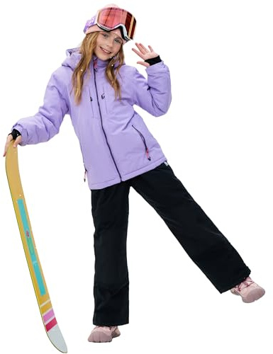 SMONTY Girls Boys Ski Suit Kids Snowsuits Waterproof Snowboard Elastic Hood Jacket with Bib Pants, Windproof Winter Warmth(6-7 Years,Lavender)